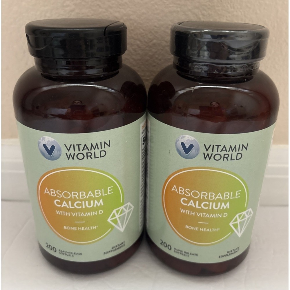 Lot of 2 Vitamin World Absorbable Calcium w/ Vitamin D3 Bone Health 200 Softgels